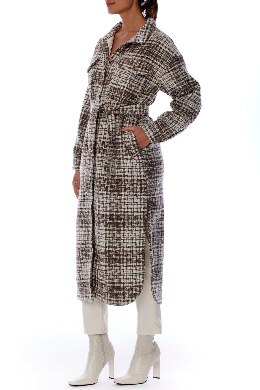 midi length, button up coco and white plaid jacket with shirttail hem and waist tie