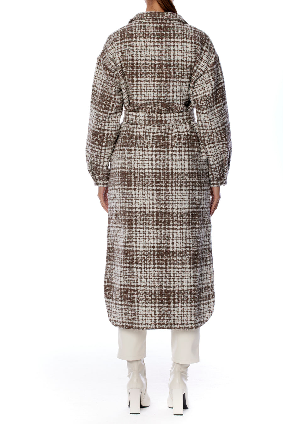 midi length, button up coco and white plaid jacket with shirttail hem and waist tie