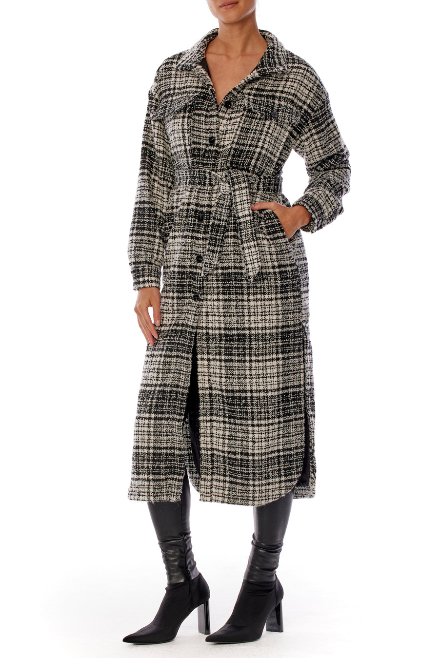 midi length, button up black and white plaid jacket with shirttail hem and waist tie