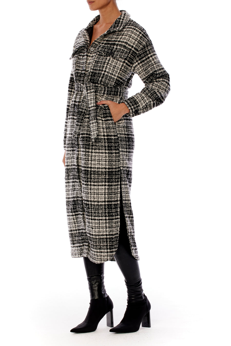 midi length, button up black and white plaid jacket with shirttail hem and waist tie