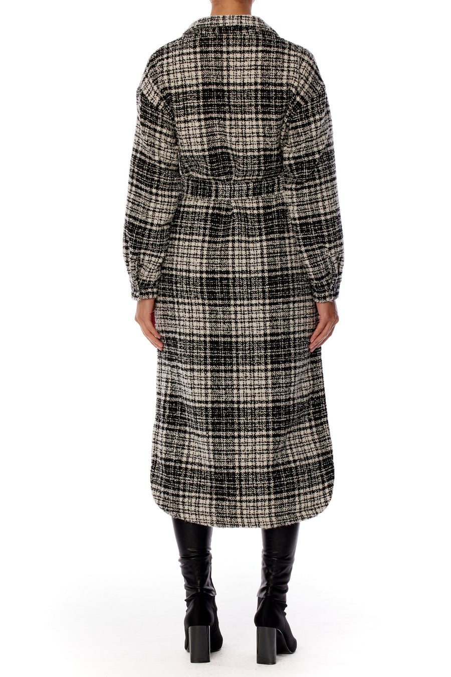 midi length, button up black and white plaid jacket with shirttail hem and waist tie