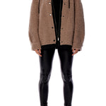 Cozy zip up, hooded jacket with faux shearling, side pockets and snap detailing in grey and black