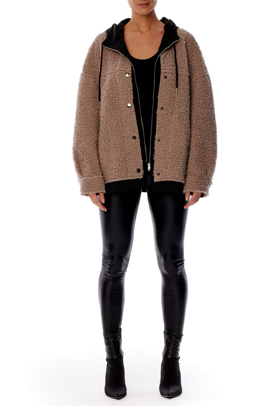Cozy zip up, hooded jacket with faux shearling, side pockets and snap detailing in grey and black