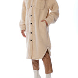 Button up cozy jacket with shirt tail hem, midi length, two front pockets and long sleeves
