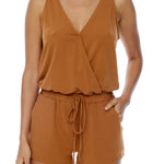 romper with an elasticized drawstring waist romper and criss cross front in meerkat