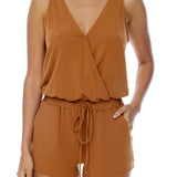 romper with an elasticized drawstring waist romper and criss cross front in meerkat