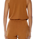 romper with an elasticized drawstring waist romper and criss cross front in meerkat