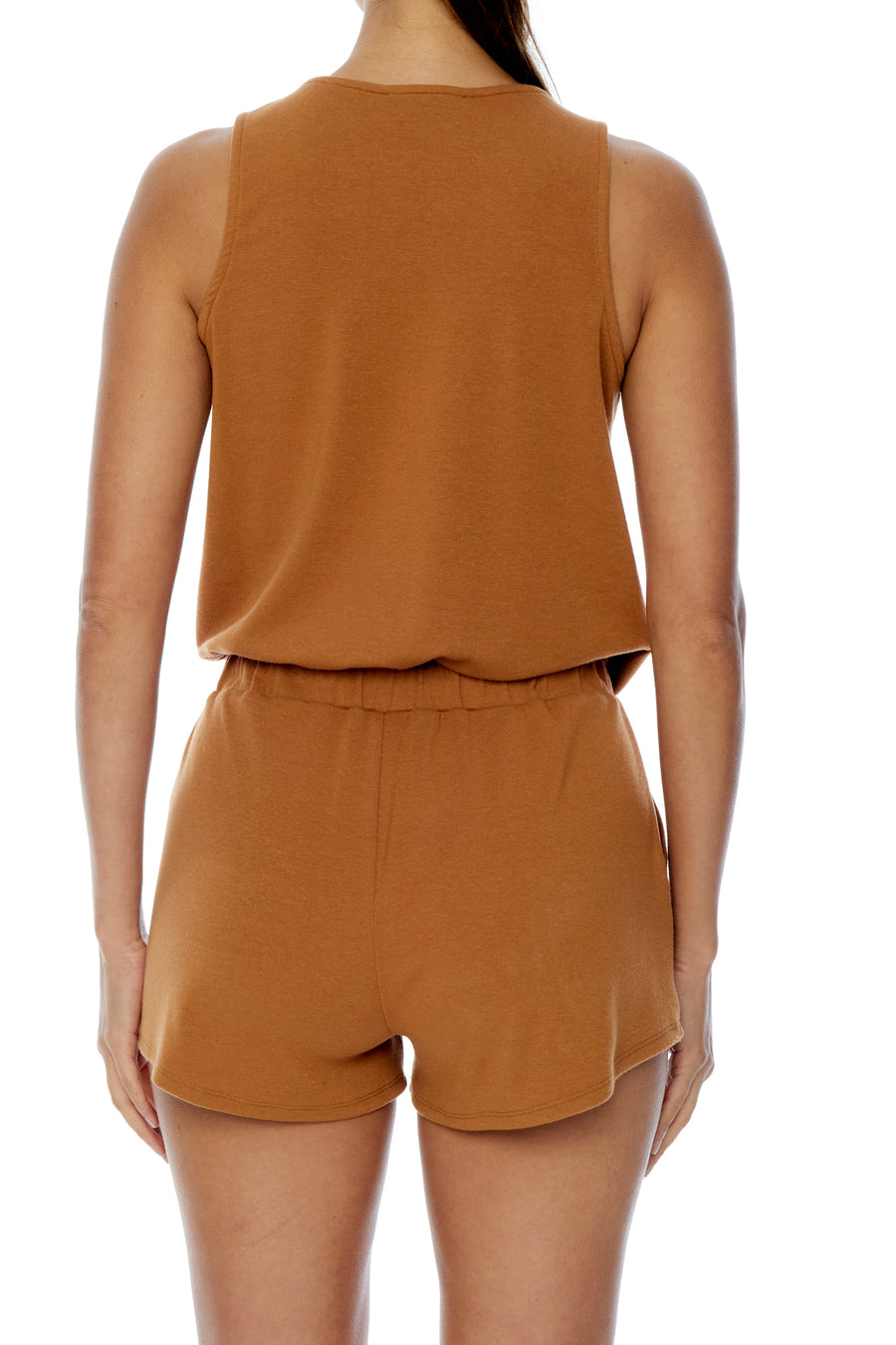romper with an elasticized drawstring waist romper and criss cross front in meerkat