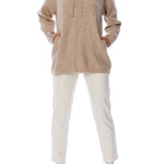 Soft, vegan knit, hooded sweater featuring side pockets and a flattering tunic length in Coco