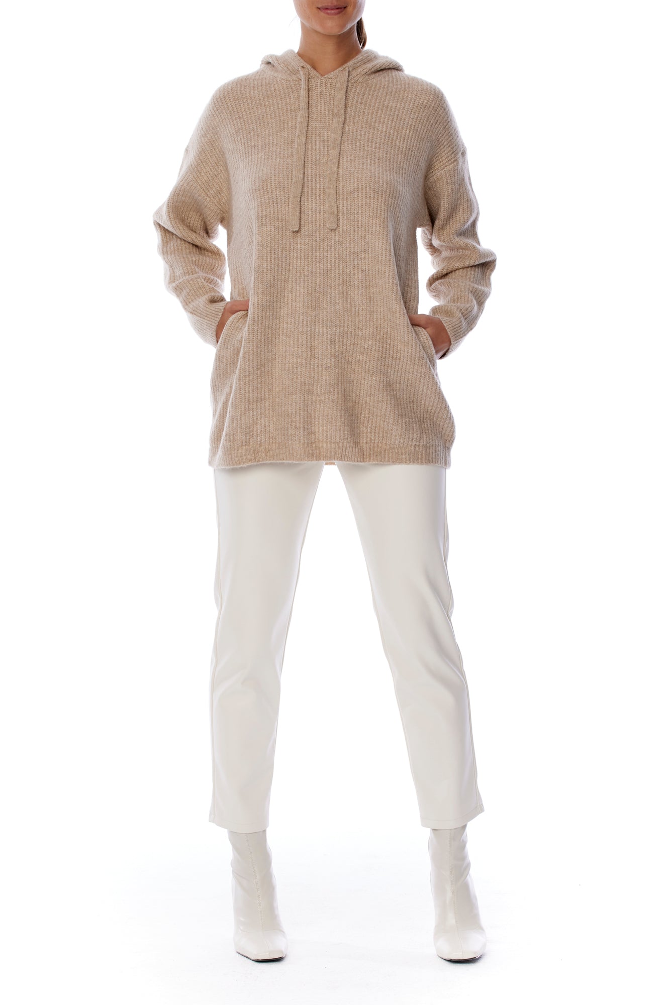 Soft, vegan knit, hooded sweater featuring side pockets and a flattering tunic length in Coco