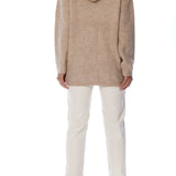 Soft, vegan knit, hooded sweater featuring side pockets and a flattering tunic length in Coco