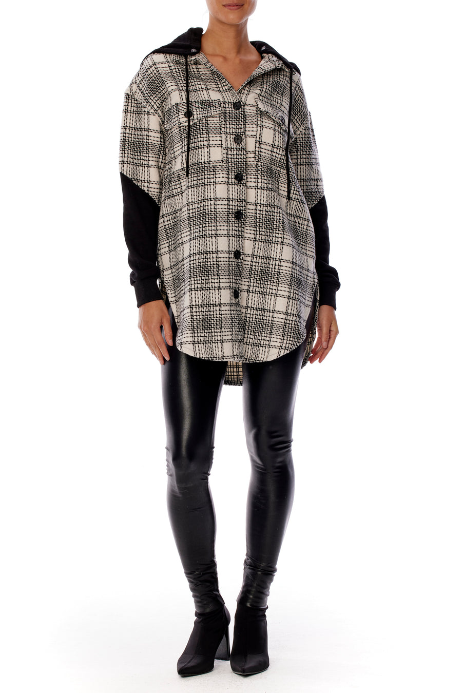 Cozy button up, black and white plaid hoodie with shirttail hem, contrasting sleeve & front pockets