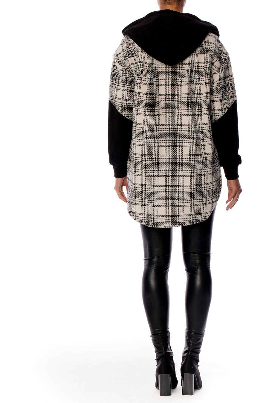 Cozy button up, black and white plaid hoodie with shirttail hem, contrasting sleeve & front pockets