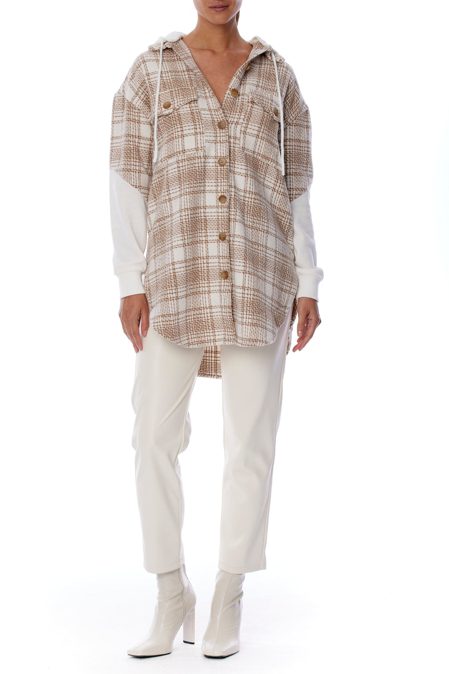 Cozy button up, coco and white plaid hoodie with shirttail hem, contrasting sleeve and front pockets