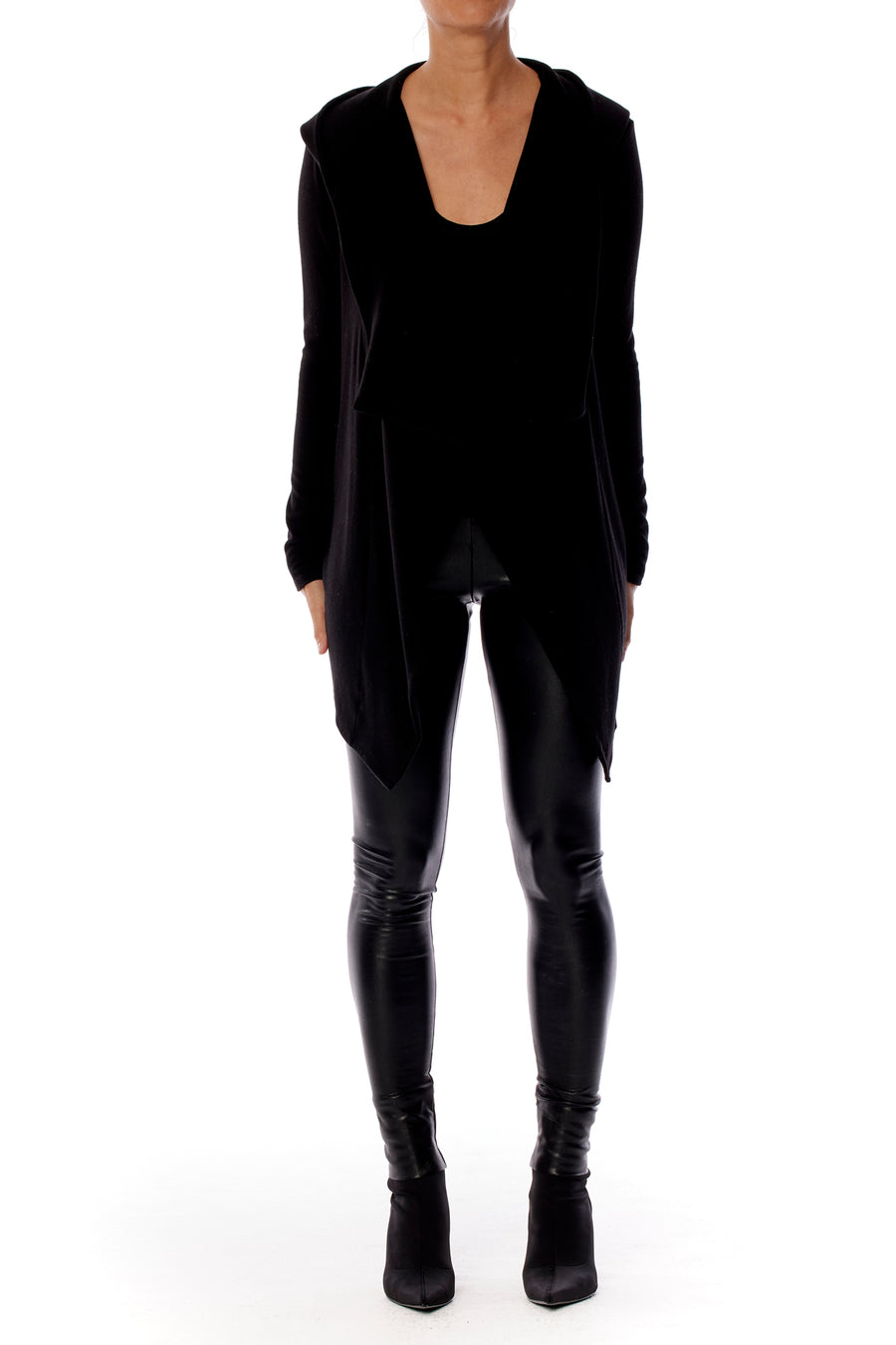 Cozy and versatile hooded cardigan with open drape front and long sleeves in black