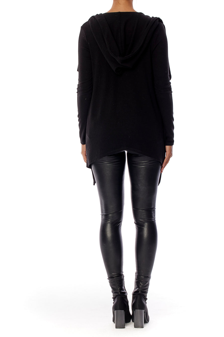 Cozy and versatile hooded cardigan with open drape front and long sleeves in black