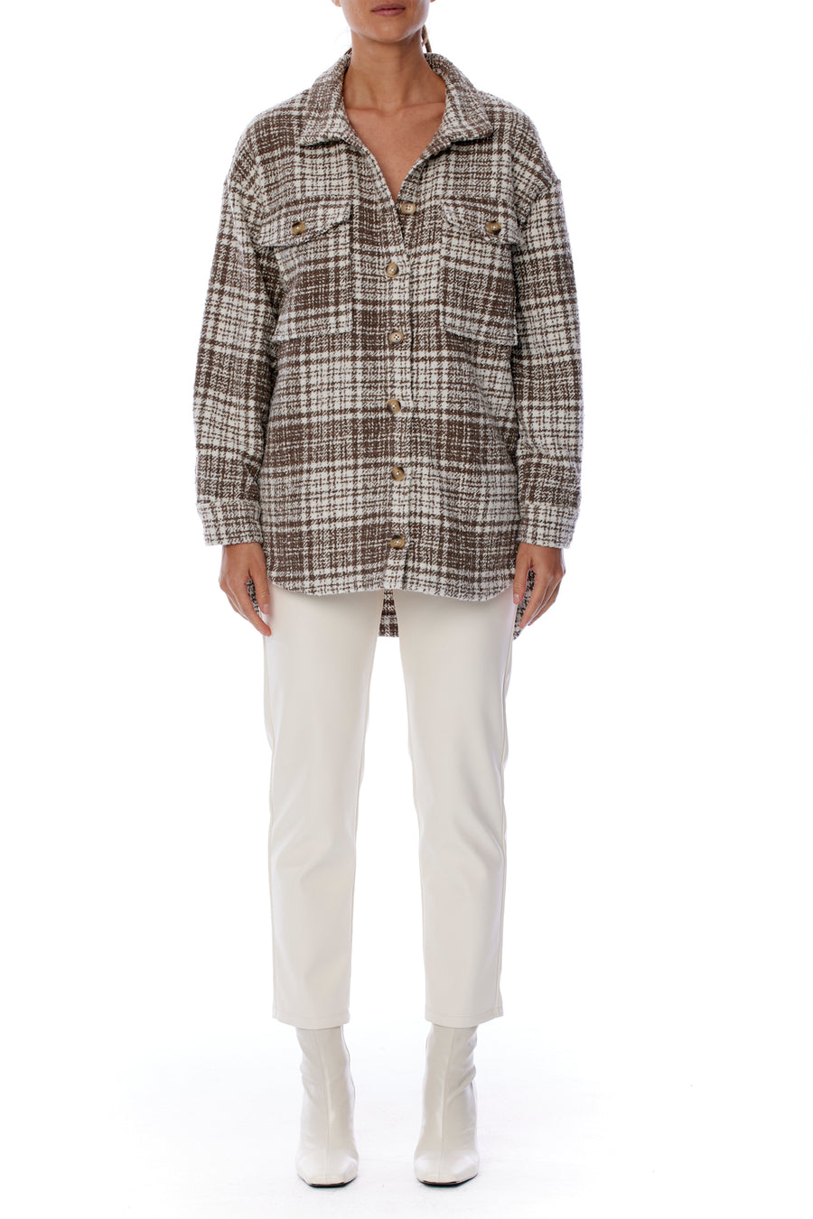 Cozy coco and white plaid button up top with shirttail hem, collar and front and side pockets