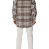 Cozy coco and white plaid button up top with shirttail hem, collar and front and side pockets