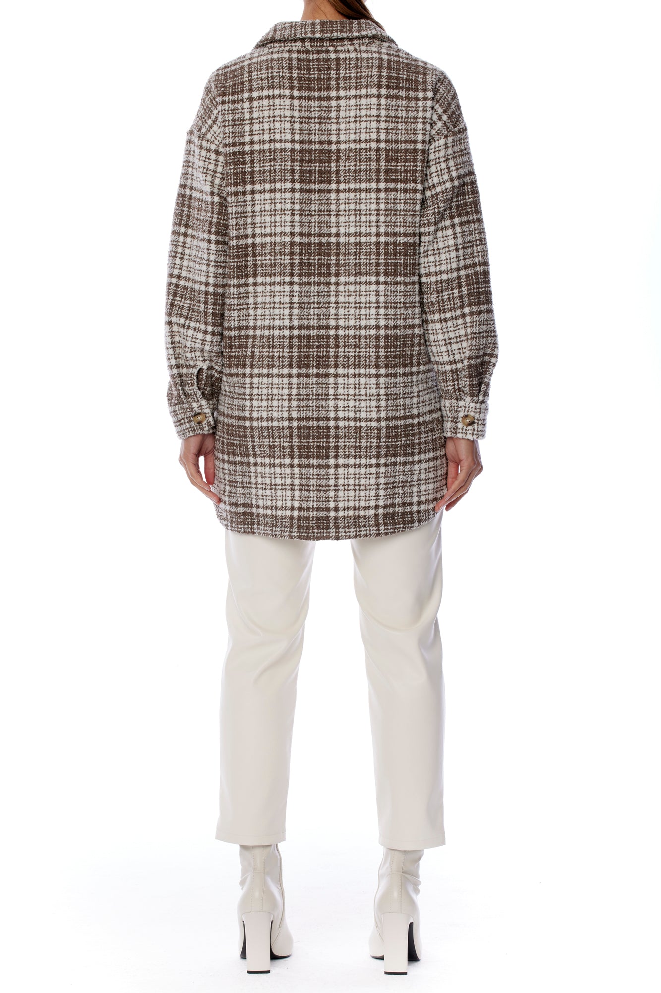 Cozy coco and white plaid button up top with shirttail hem, collar and front and side pockets
