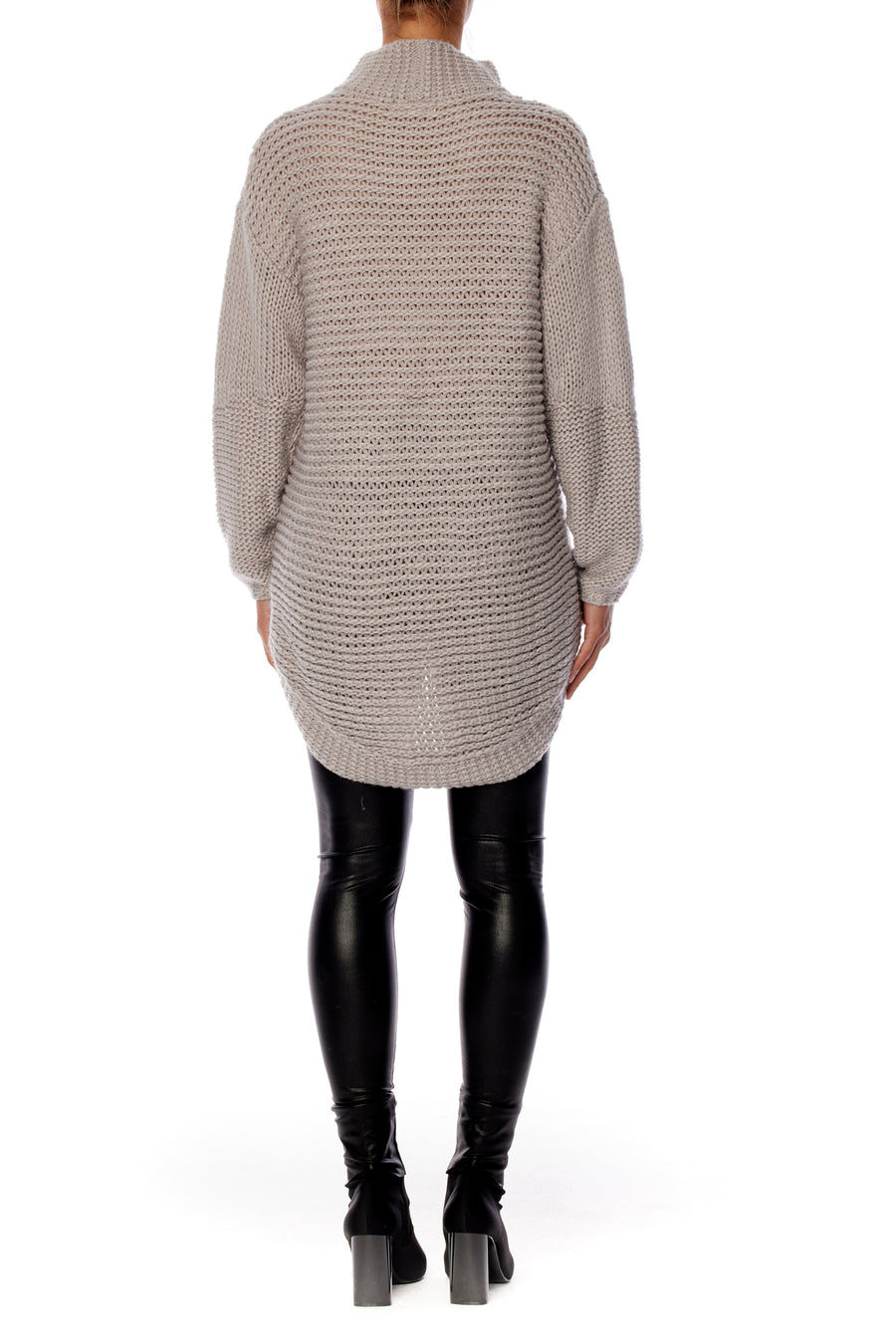 mock neck sweater with long sleeves, high-low hem and multi-knit design detailing in dove grey