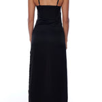 Floor length, v-neck dress with adjustable spaghetti straps and side slit in black