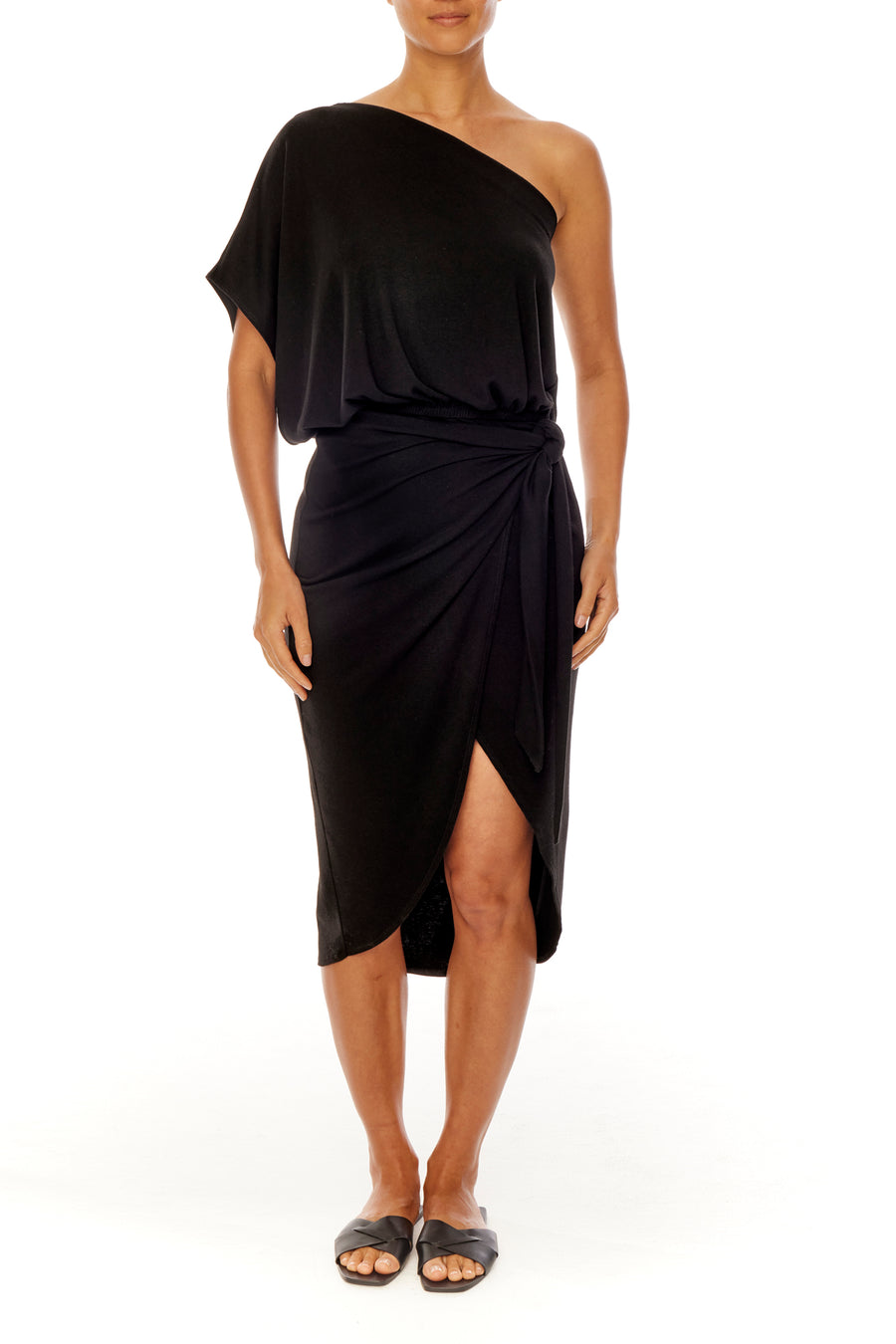 elegant one shoulder dress with draped top, wrap bottom, side tie and tulip hem in black