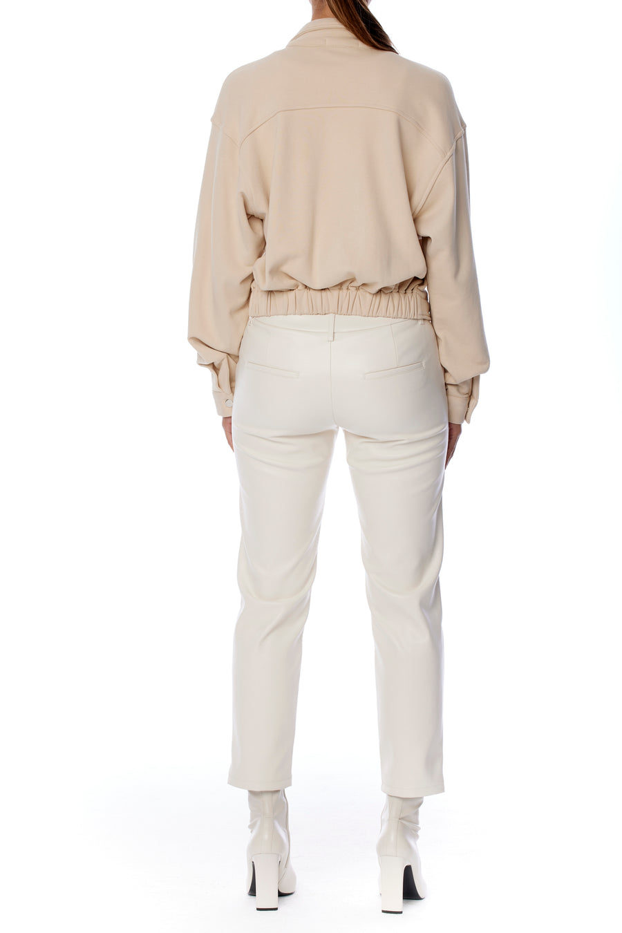 long sleeve, button up jacket with snap front closure, mock neck and side pockets in sand