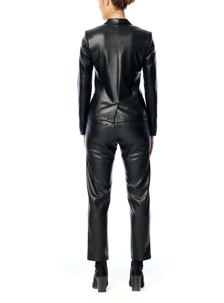 vegan leather blazer cut with front pockets, back vent and button closure