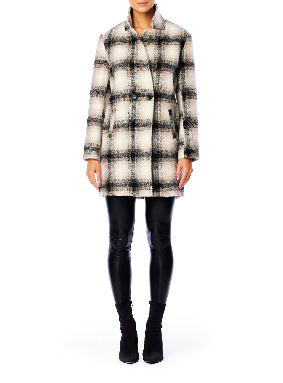 plaid jacket with a two button closure, side pockets and mid thigh length