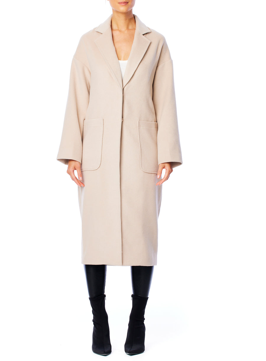 chic midi length jacket featuring hidden snap closure and large front pockets
