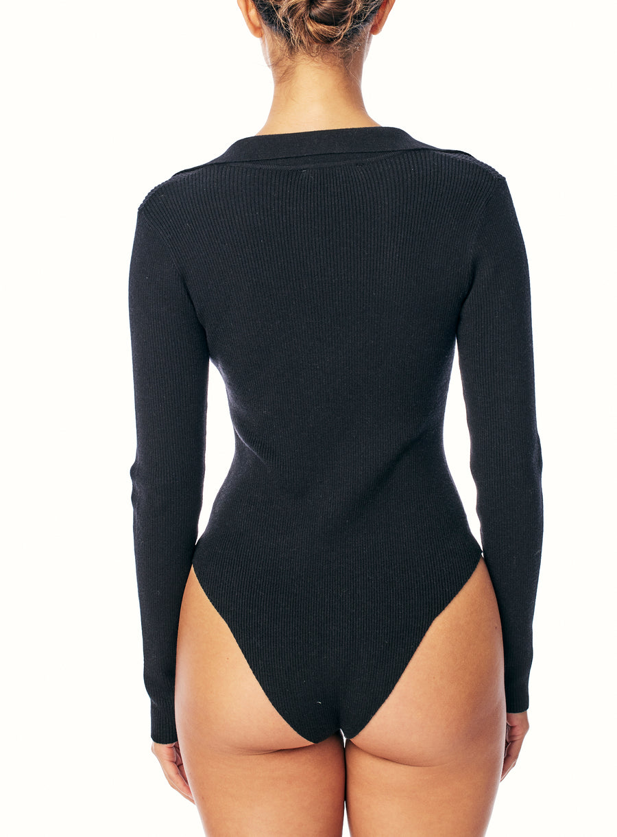 ribbed, collared, long sleeve bodysuit with a deep v-neck and snap closure