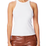 figure hugging, ribbed, racer back tank with a classic crew neck