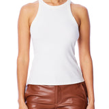 figure hugging, ribbed, racer back tank with a classic crew neck
