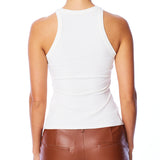 figure hugging, ribbed, racer back tank with a classic crew neck