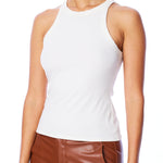 figure hugging, ribbed, racer back tank with a classic crew neck