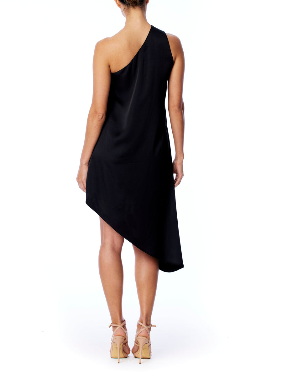 vegan silk, one shoulder dress with tank sleeves, asymmetrical hem and hidden side zipper in black